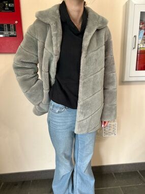 GORSKI Lamb Fur Light Gray Chevron Teddy Jacket